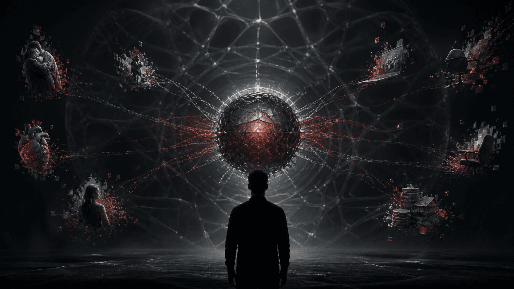An anonymous person facing a dark AI memory core fed by fragments of private life