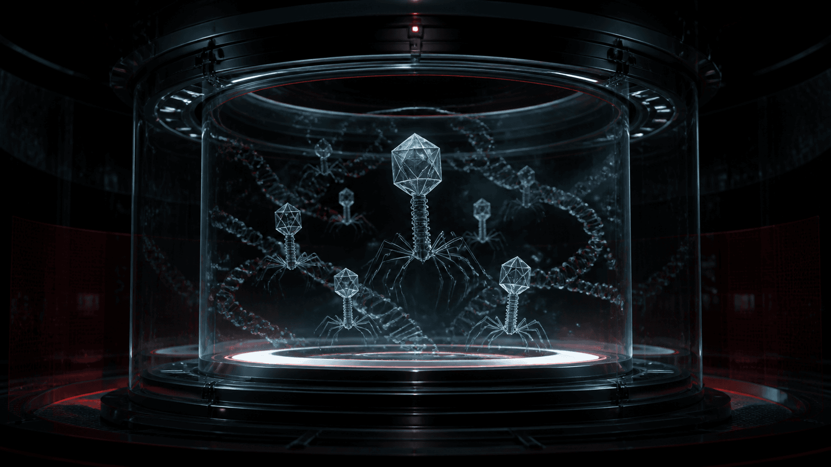 Abstract viral forms emerging from genomic strands inside a secured laboratory chamber