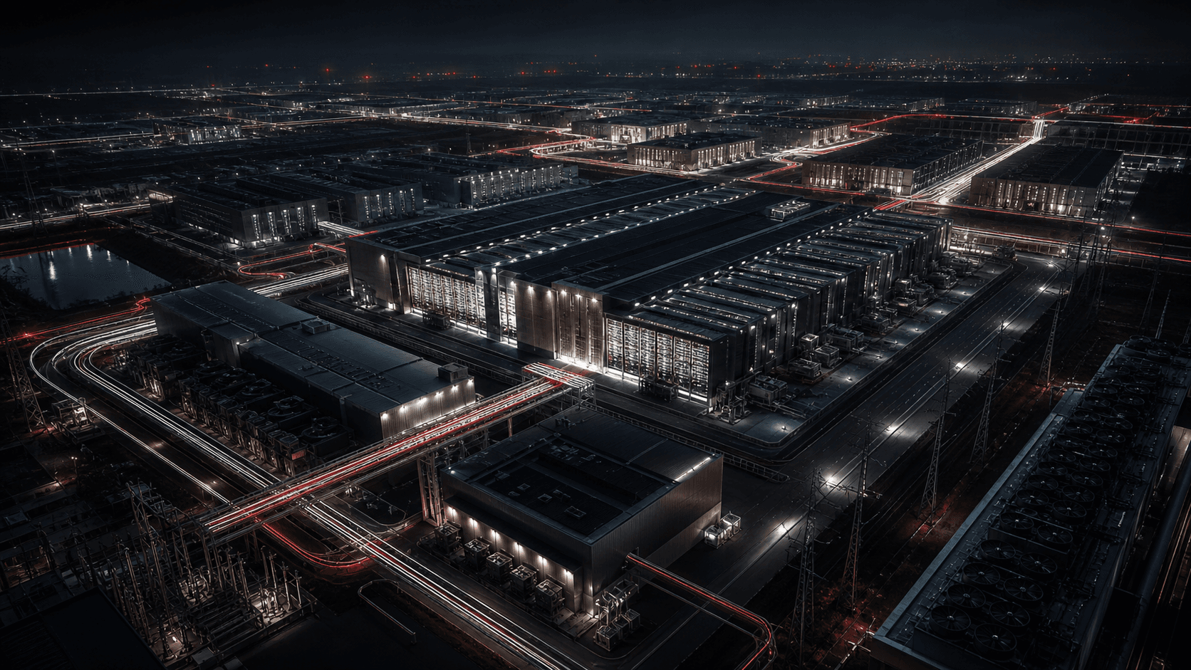 Large interconnected AI data-center campus at night