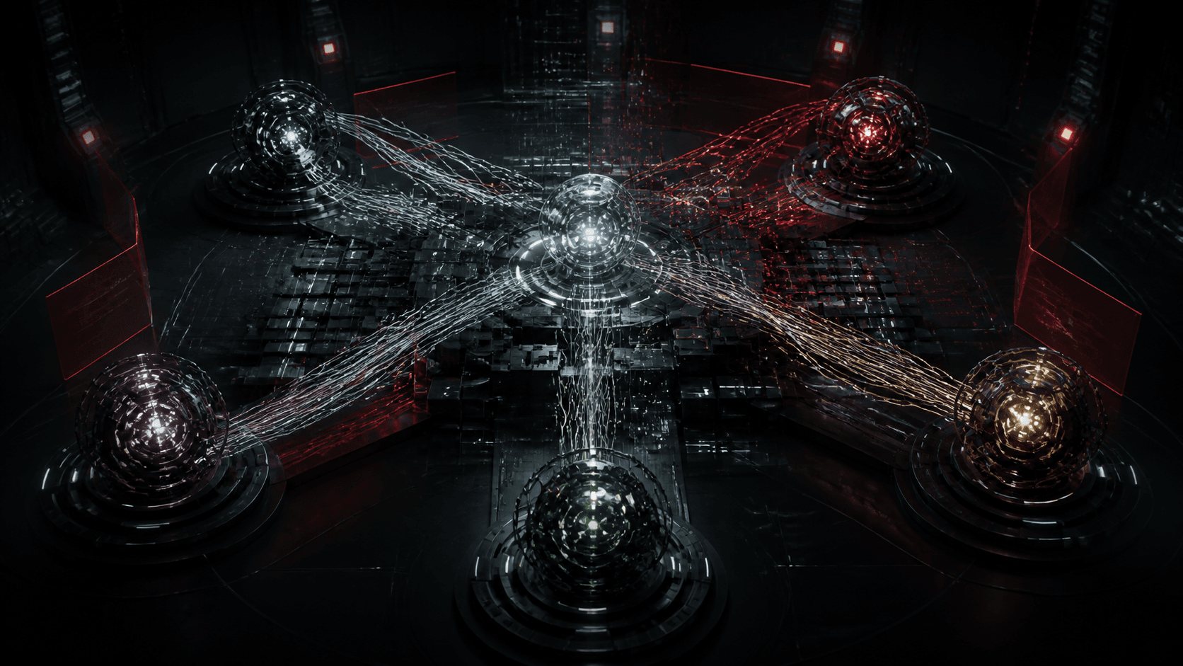 Multiple isolated AI cores competing across a shared code grid in a dark control room