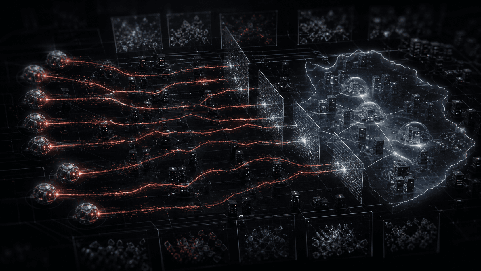 Eight autonomous threat nodes coordinating parallel paths against a segmented government network