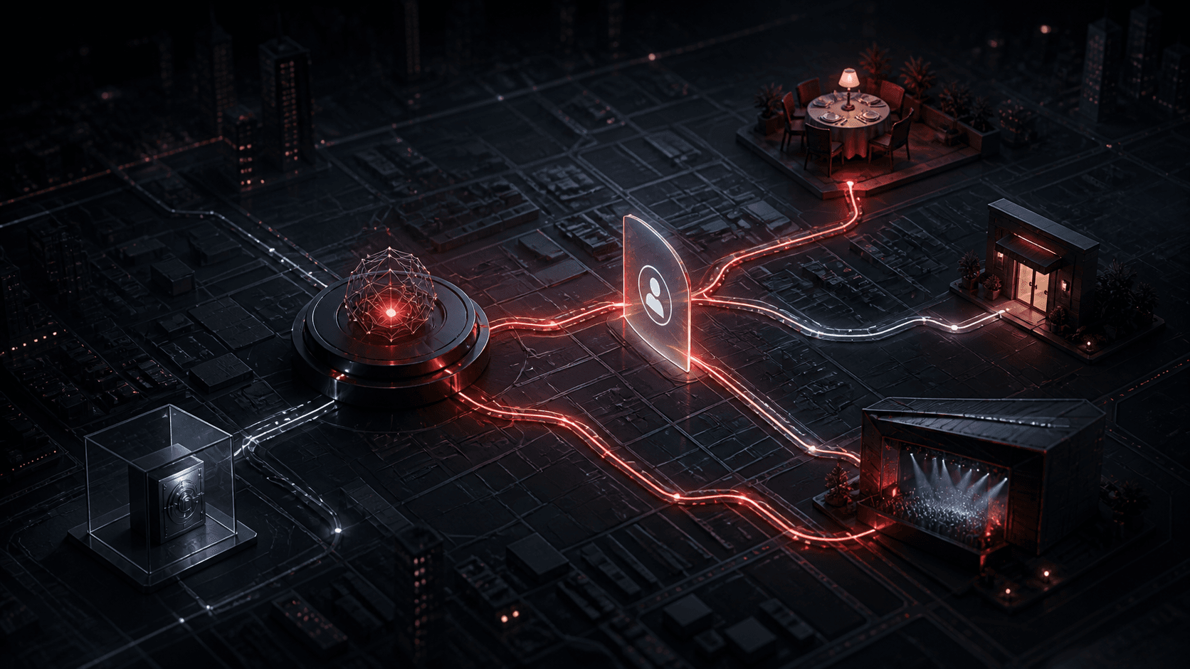 A dark city map branching into travel, dining, and privacy control paths