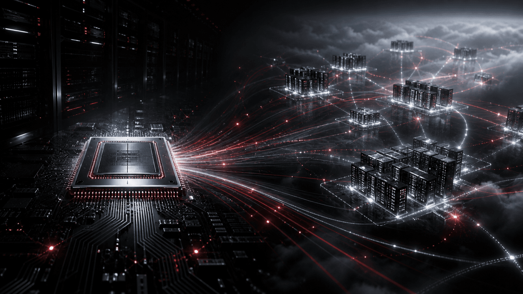 A dark accelerator core branching into a global network of red-lit server clusters
