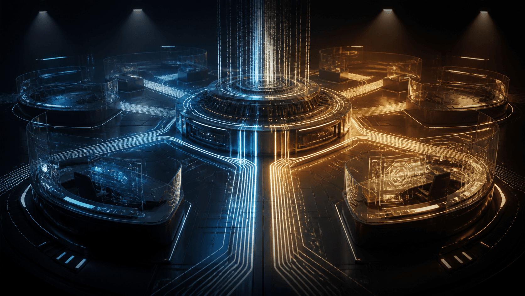 Empty glass control stations connected by new illuminated paths around a central compute engine