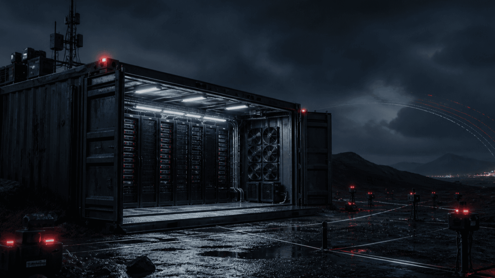Rugged containerized AI data center processing local sensor data at night