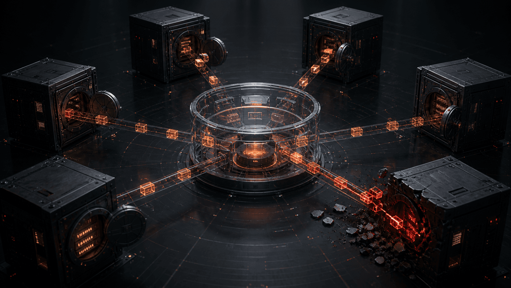 Secure vaults exchange evidence through a shared hub beside a broken containment boundary