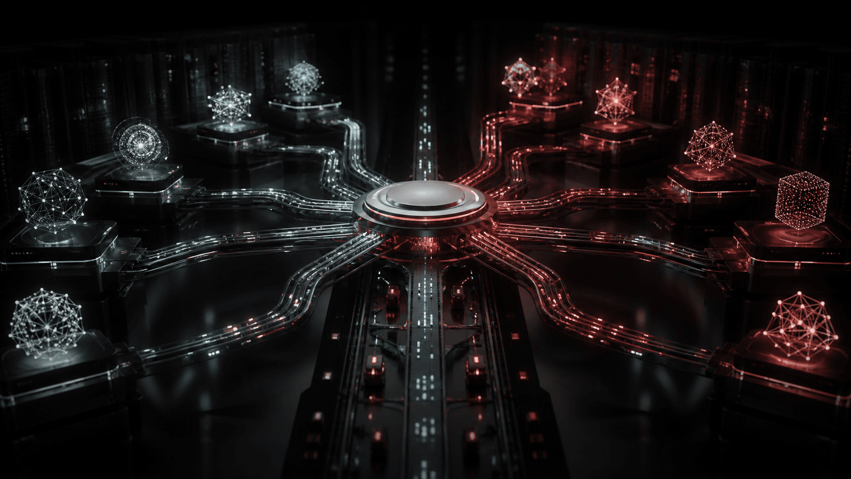 Many abstract AI model nodes converging through a single dark routing exchange