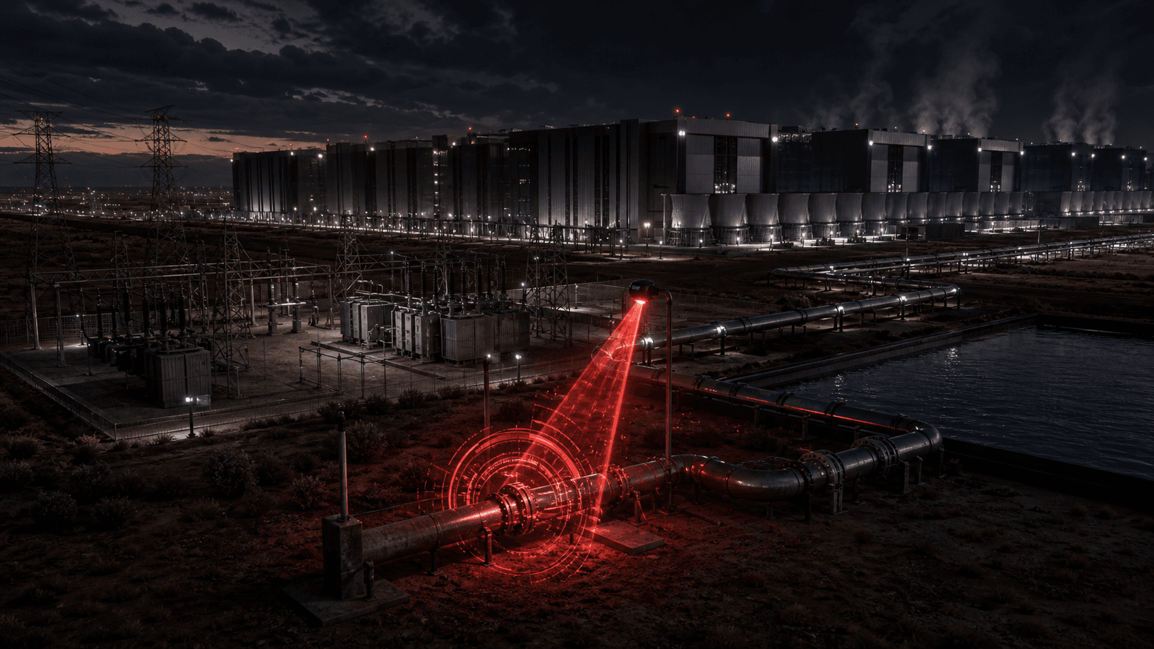 A dark data center campus connected to a Texas power grid under inspection