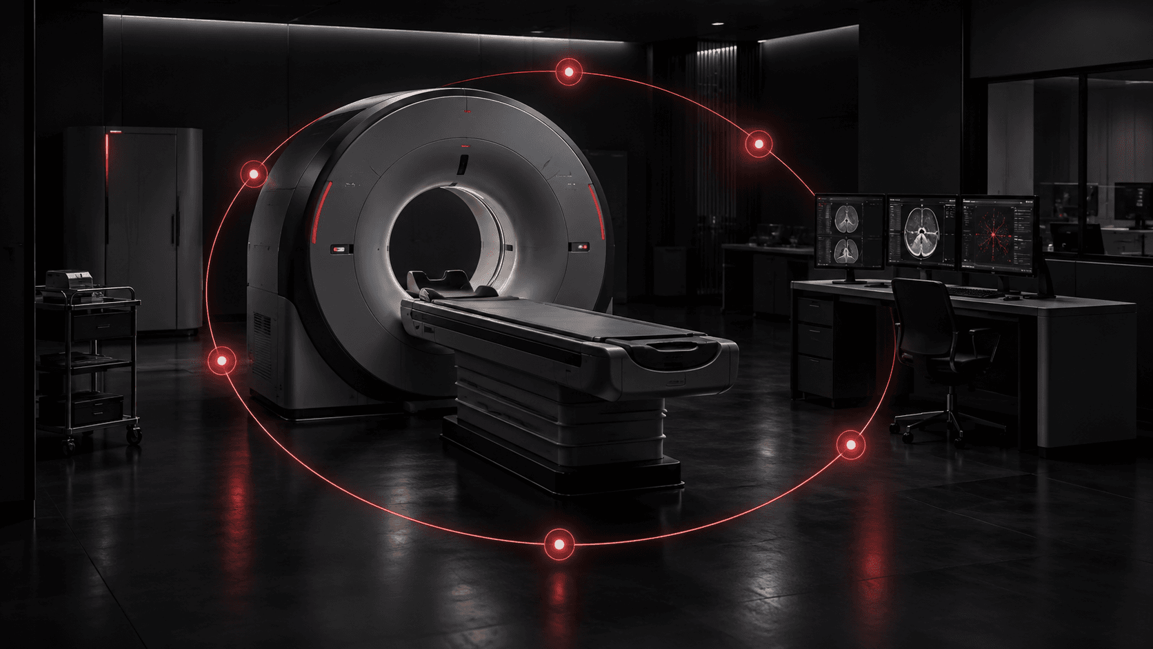 A dark clinical imaging system encircled by a red lifecycle-monitoring signal