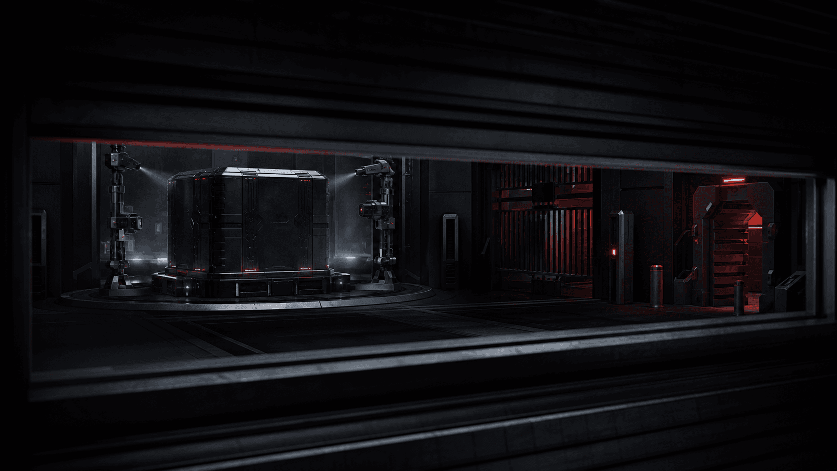 Secured AI model chamber viewed through a partially closed government review window